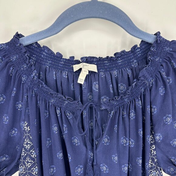 3/$25 Joie 100% Silk Peasant Top Blouse XS Short Sleeves Smocked Boho Navy Blue - Picture 6 of 7